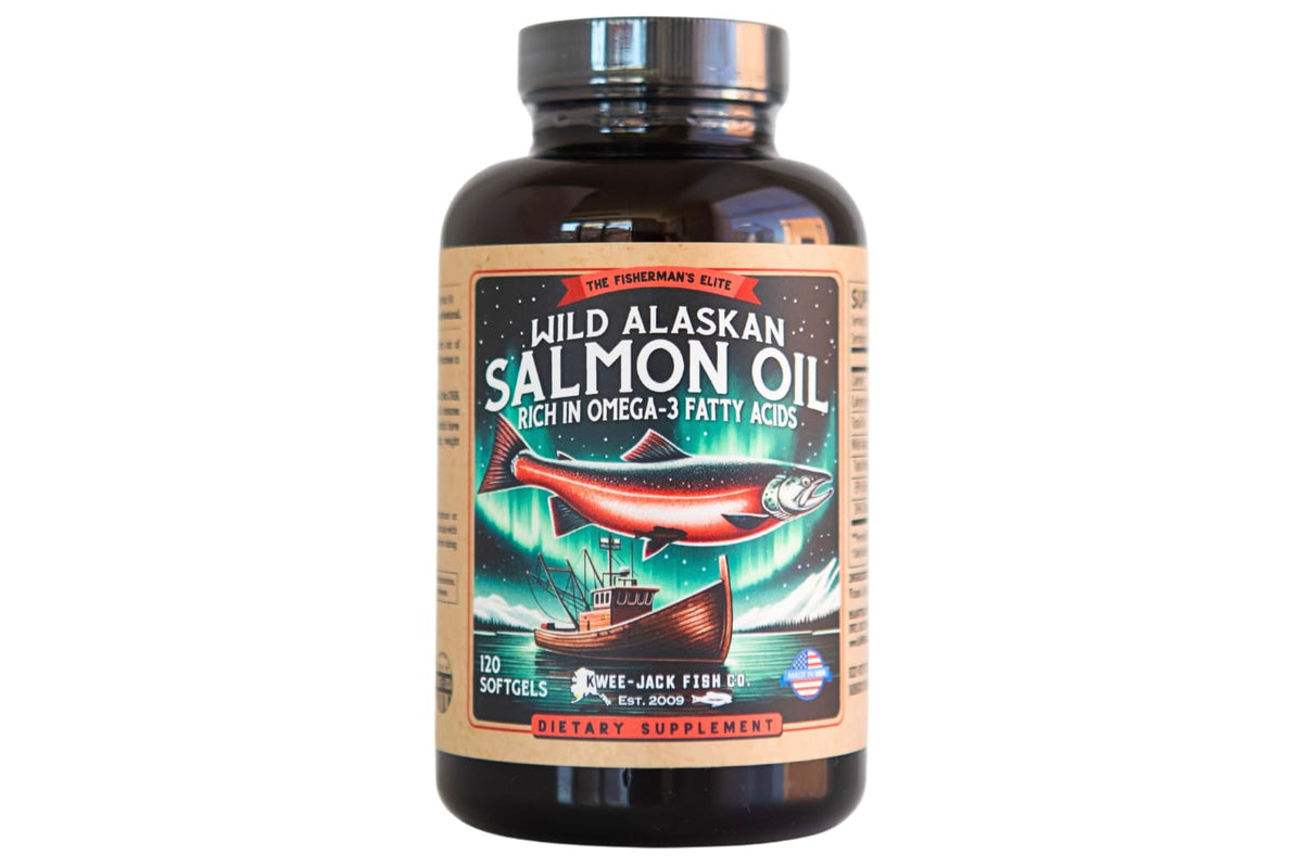 Kwee-Jack Fish Co. Wild Alaskan Salmon Oil bottle for daily omega-3 support.