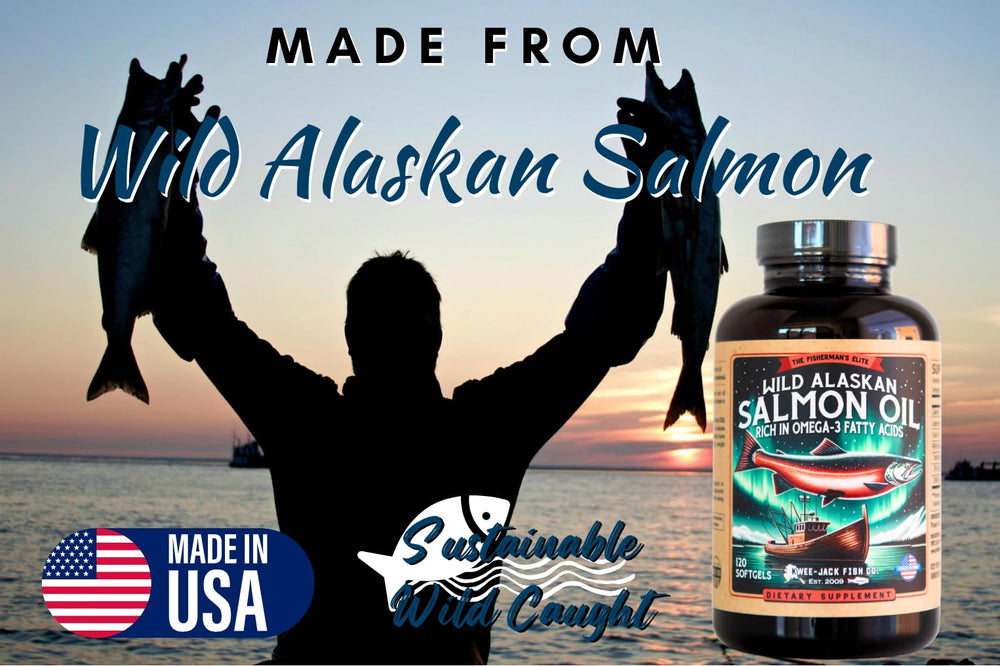 Kwee-Jack Fish Co. Wild Alaskan Salmon Oil label highlighting ingredients and dosage.