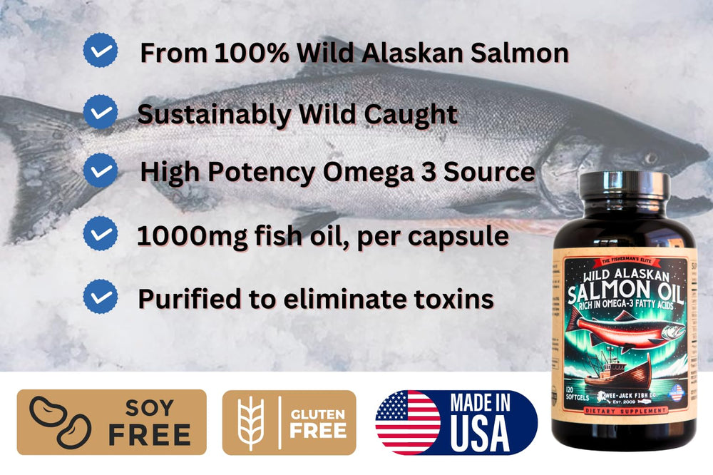 Kwee-Jack Fish Co. Wild Alaskan Salmon Oil softgels for convenient daily intake.