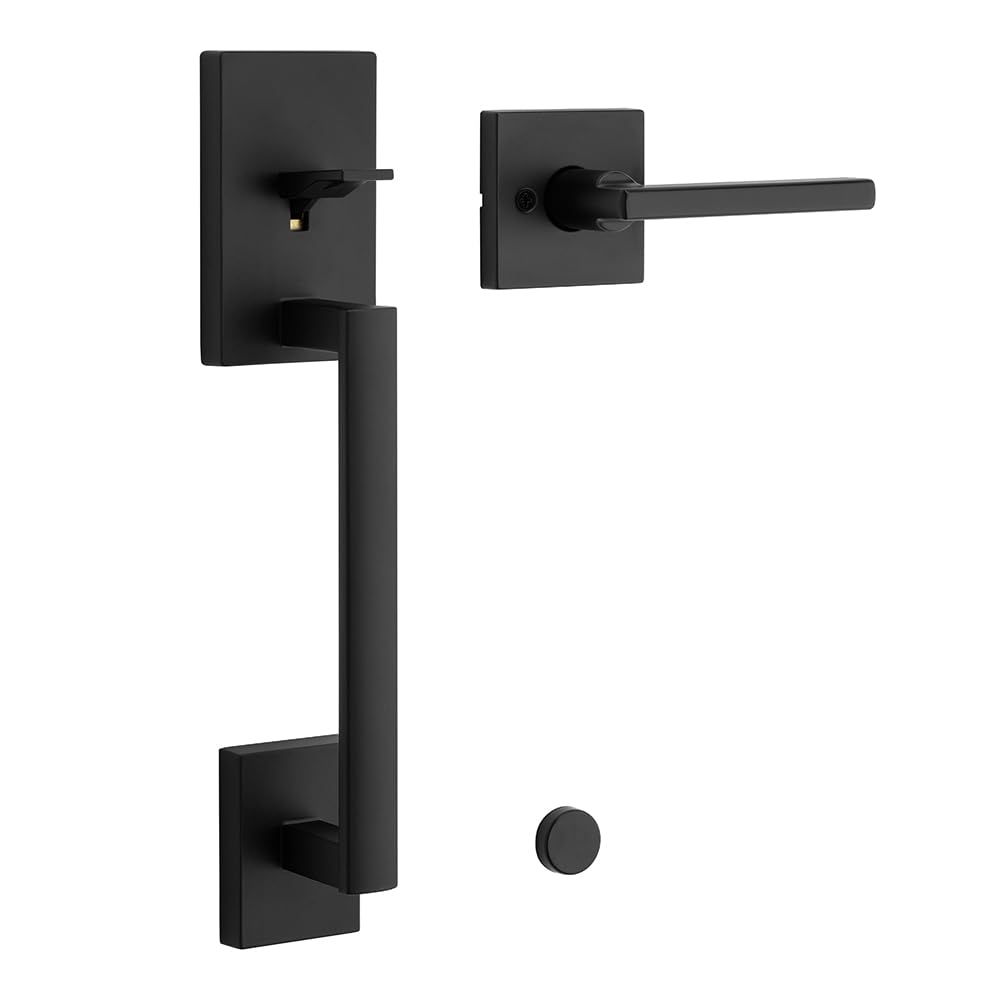 Kwikset San Clemente exterior handleset on a front door with matte black finish.