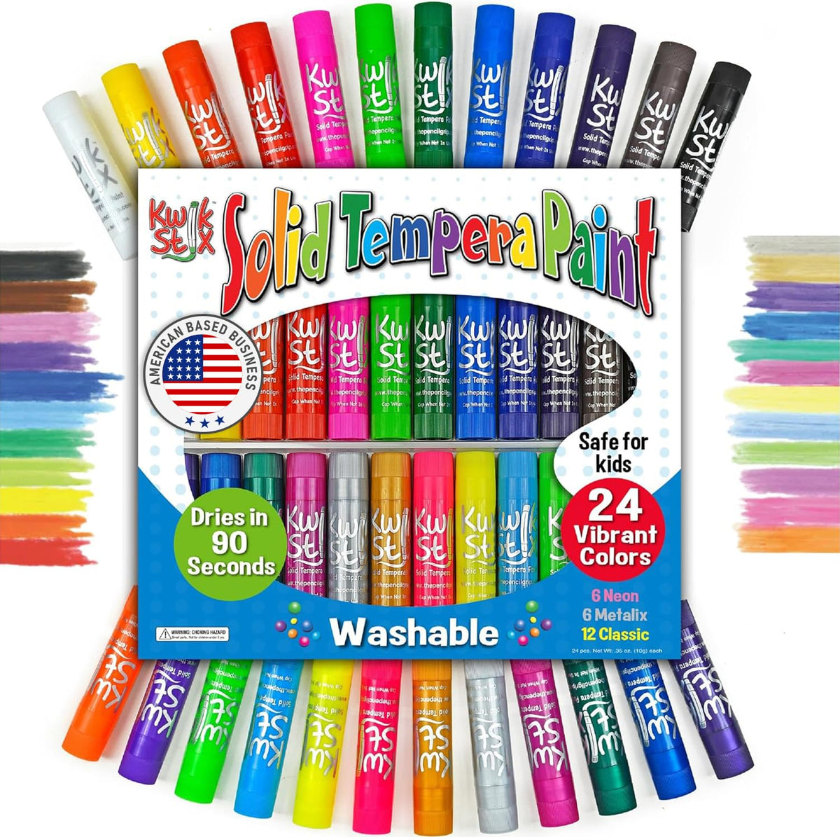 Kwik Stix 24-pack classic colors shown on poster paper for mess-free creativity.
