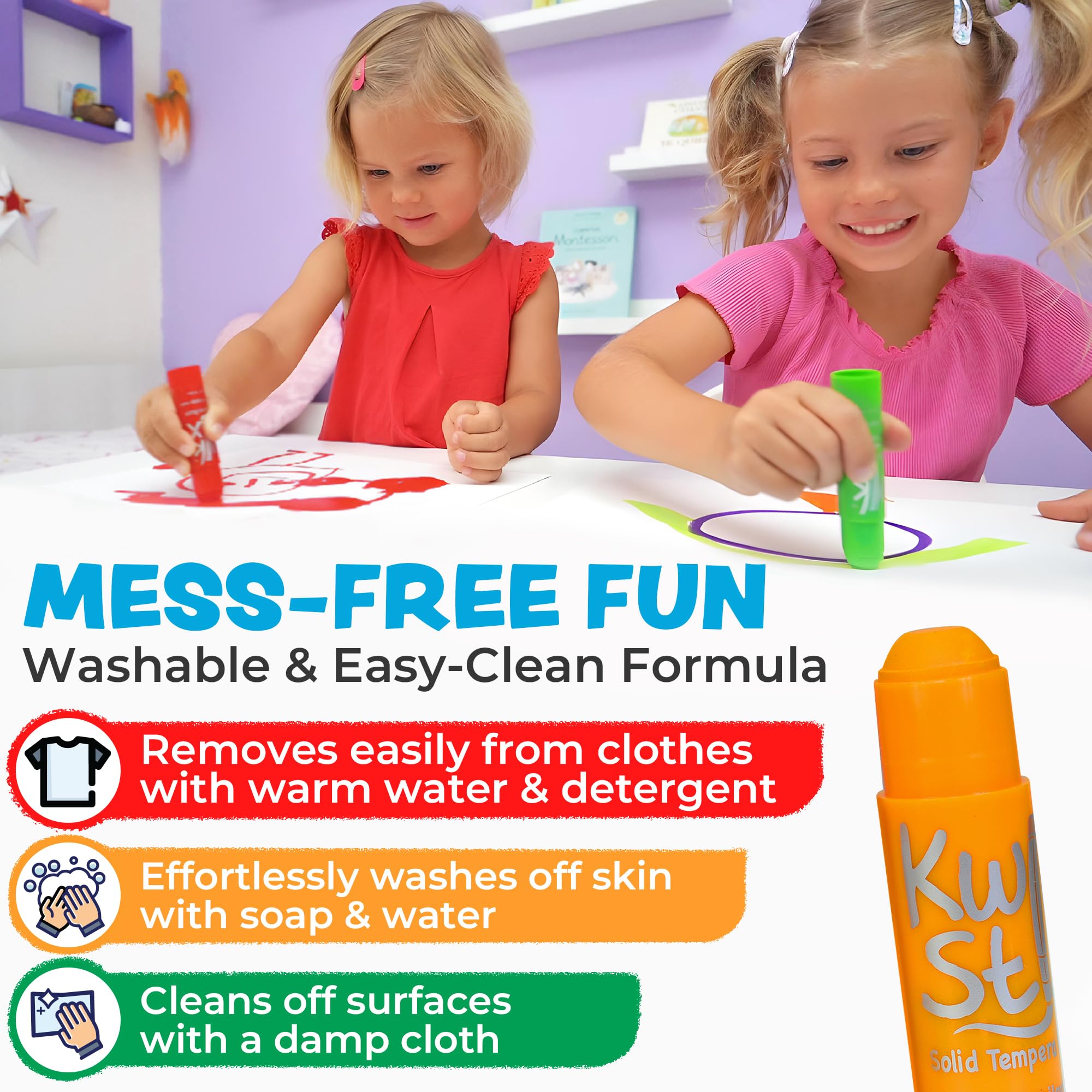 Kwik Stix twist-up mechanism simplifies painting for kids.