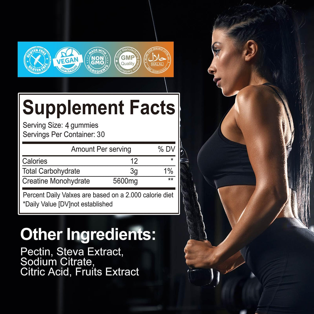 Kynaz Creatine Monohydrate Gummies blueberry chew, two gummies per serving for daily intake.