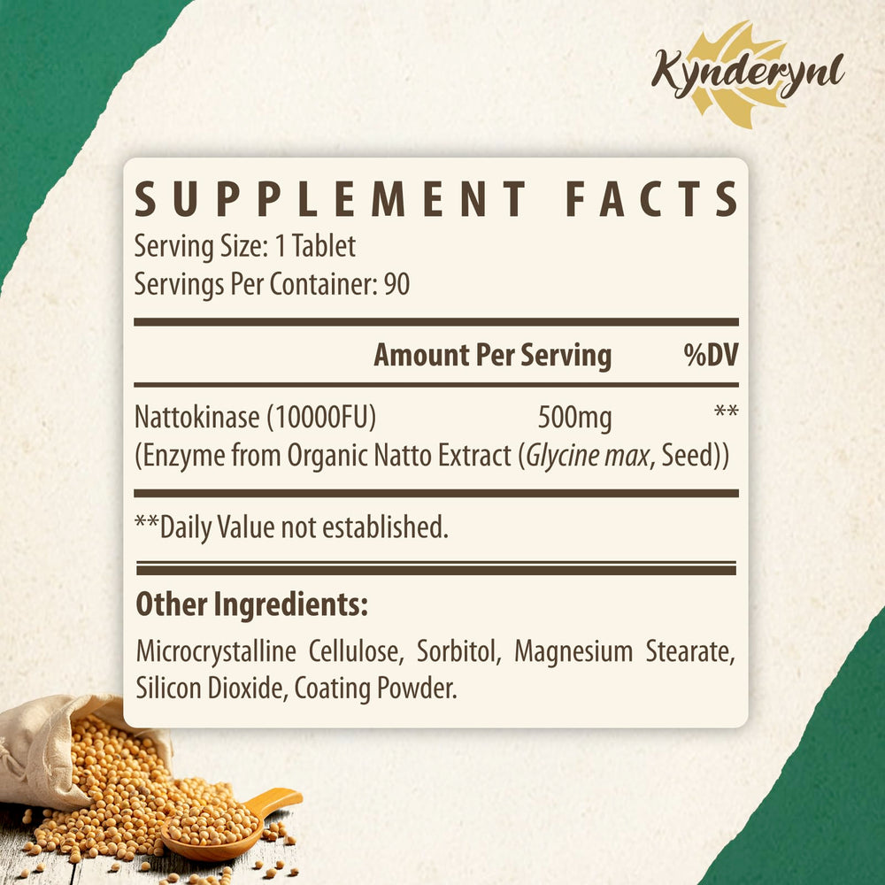 Kynderynl nattokinase bottle shows vegan and gluten-free labeling for clean daily use.