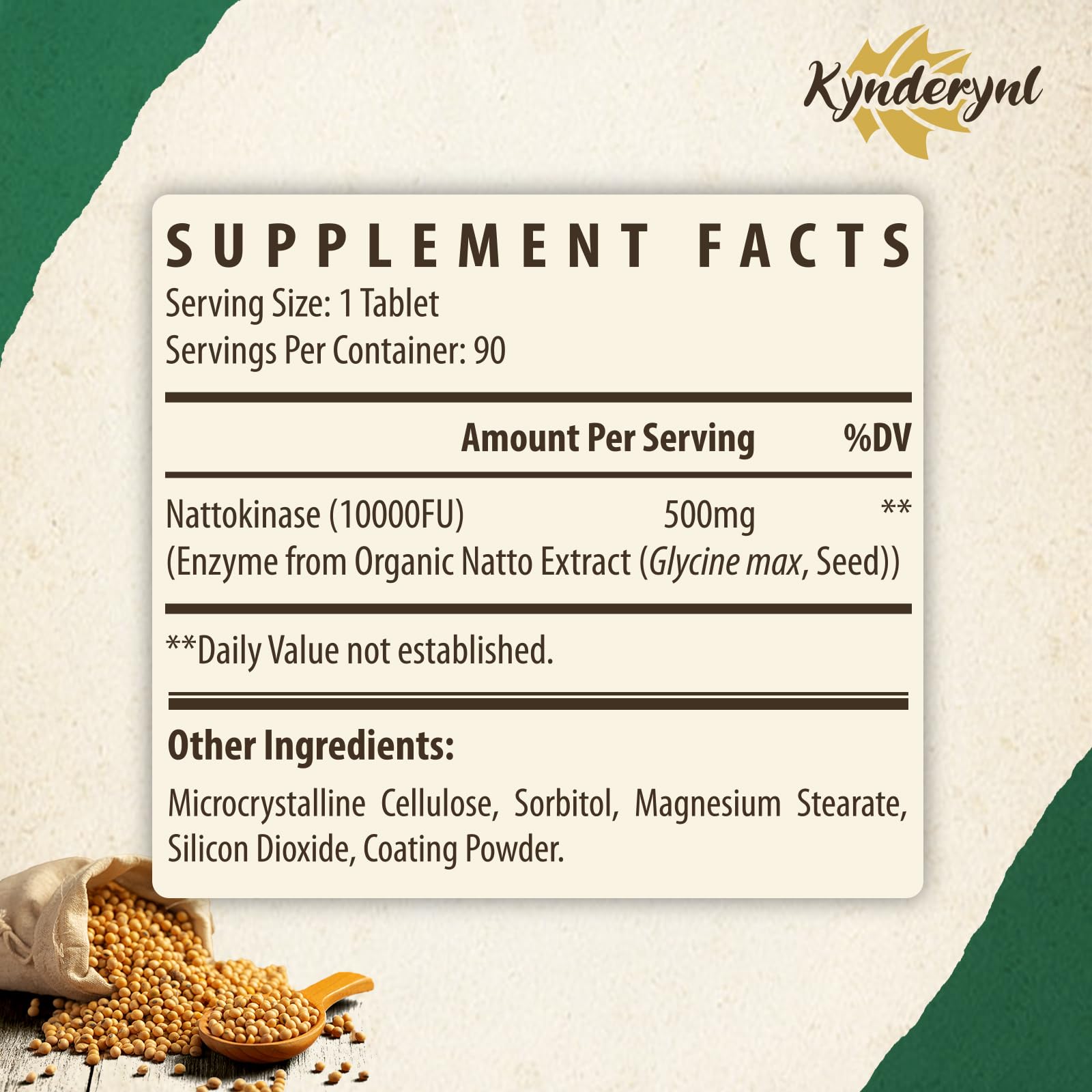 Kynderynl Nattokinase tablet-enteric-coating for intestinal release aiding absorption.