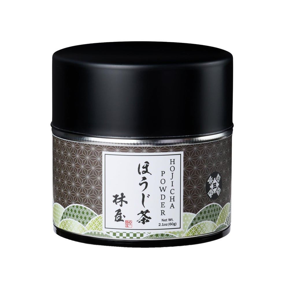 KYOHAYASHIYA Hojicha powder 60g tin packaging for easy daily lattes.
