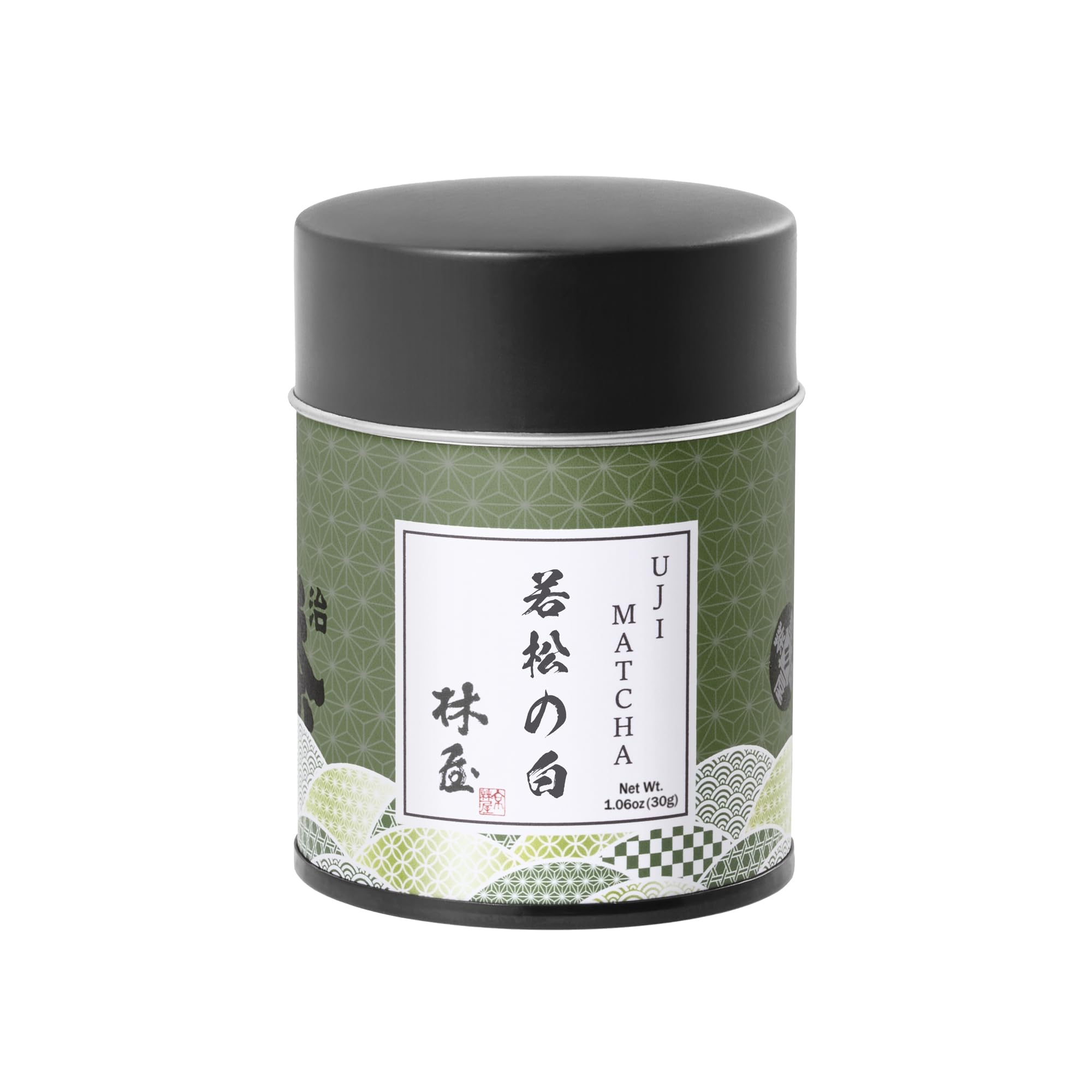 KYOHAYASHIYA Wakamatsu matcha tin front, premium ceremonial grade for authentic tea rituals.