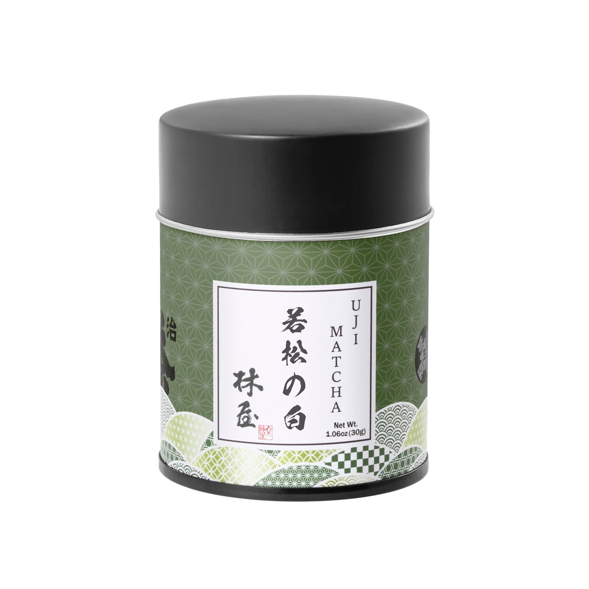 KYOHAYASHIYA Wakamatsu matcha tin front, premium ceremonial grade for authentic tea rituals.