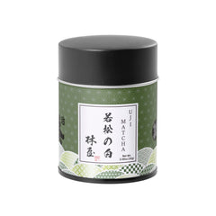KYOHAYASHIYA Wakamatsu matcha tin front, premium ceremonial grade for authentic tea rituals.