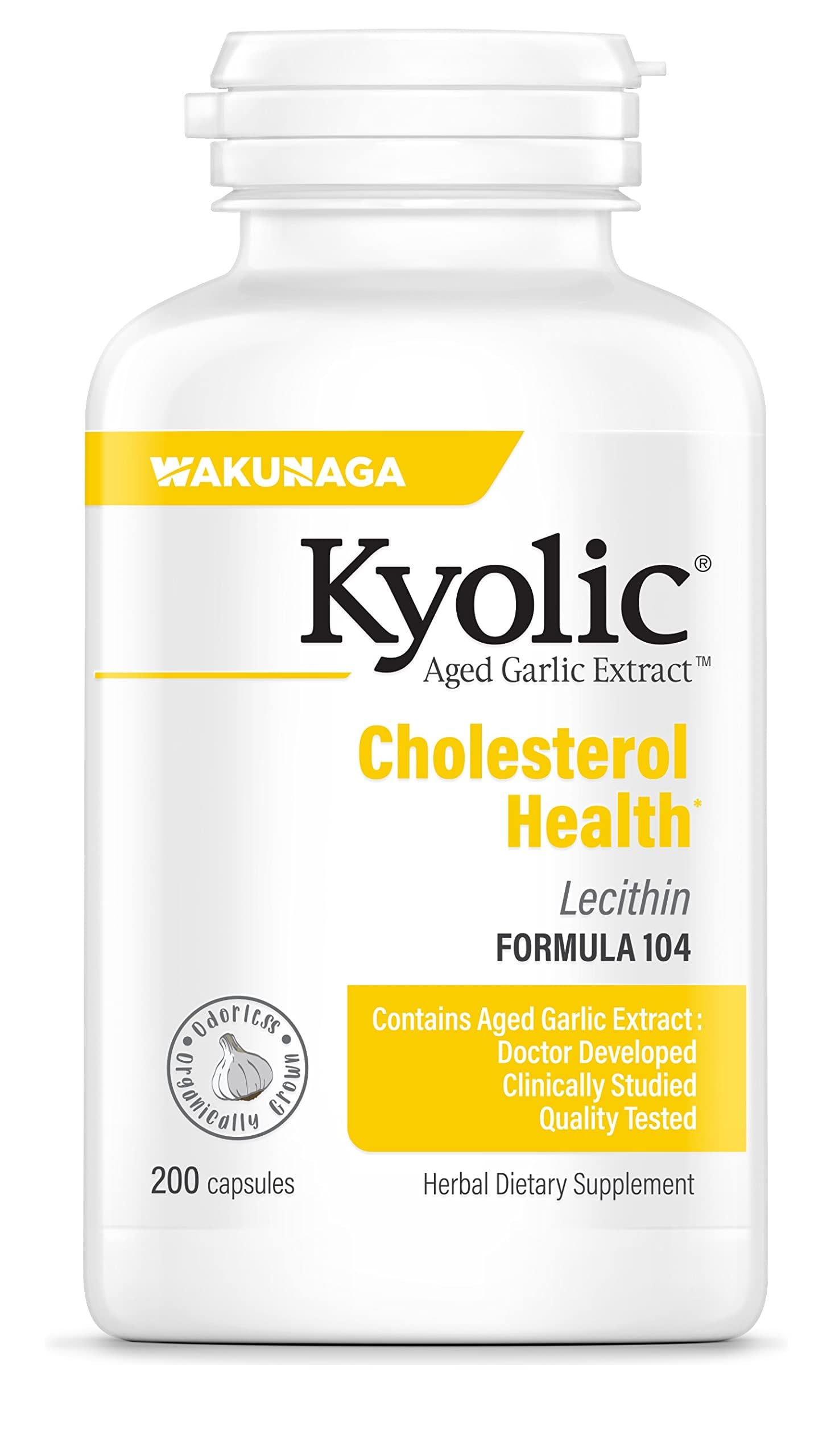 Kyolic Aged Garlic Extract 104 bottle front with odorless capsules for heart health