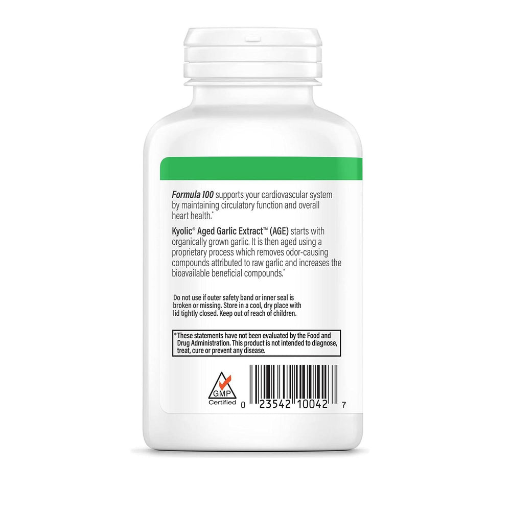 Kyolic Aged Garlic Extract Formula 100 bottle pour illustrating easy daily use