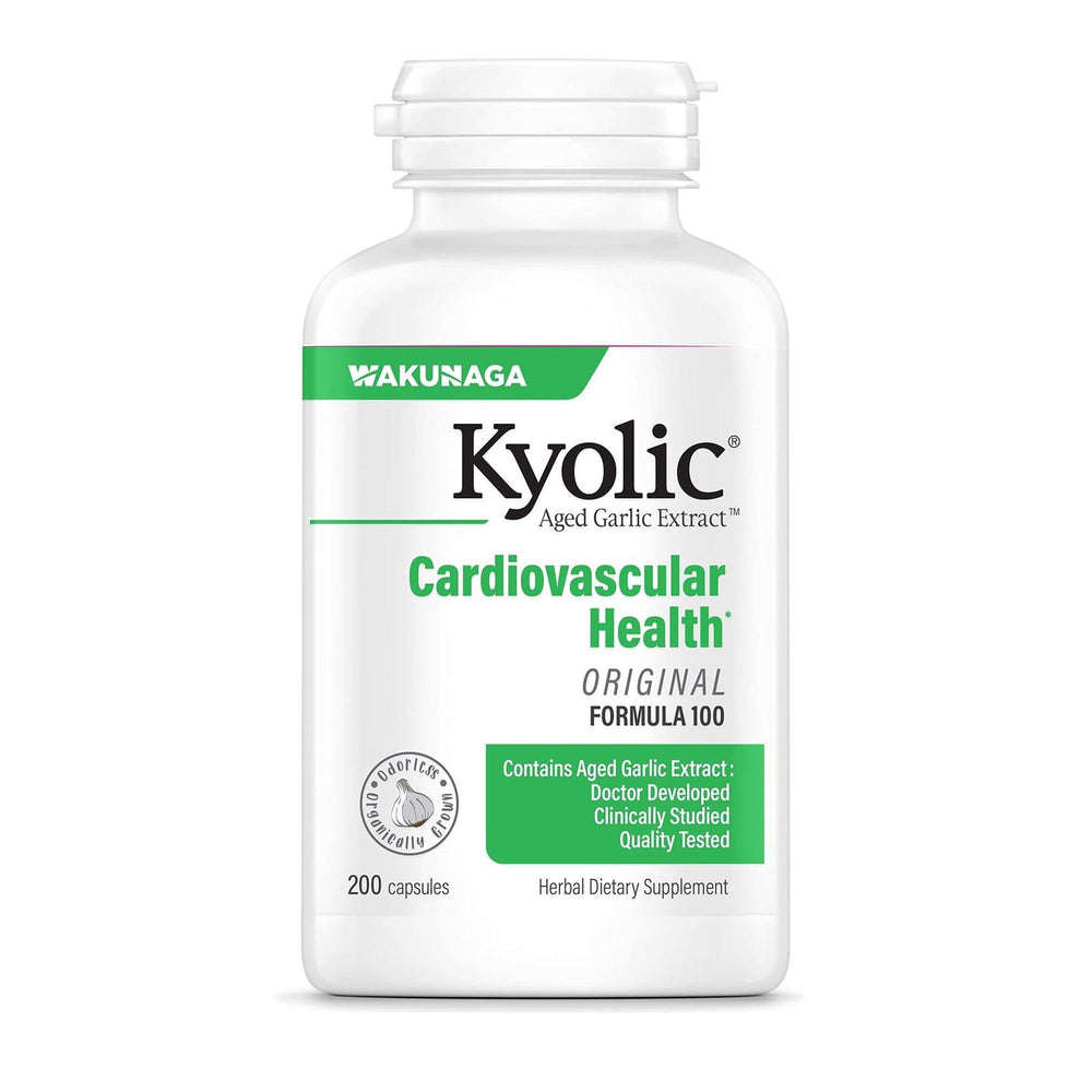 Kyolic Aged Garlic Extract Formula 100 bottle highlighting odorless garlic for cardiovascular support