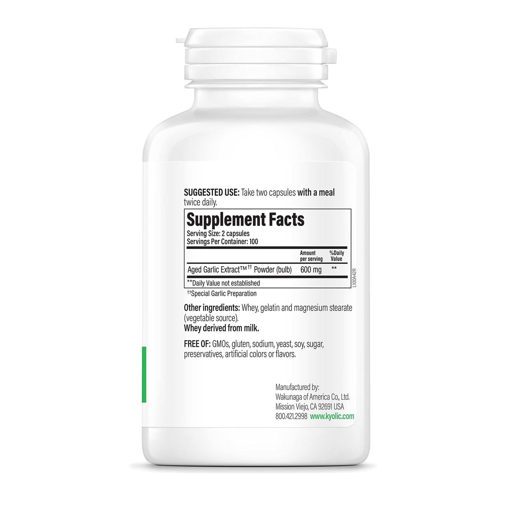 Kyolic Aged Garlic Extract Formula 100 capsules closeup showing odorless organic garlic