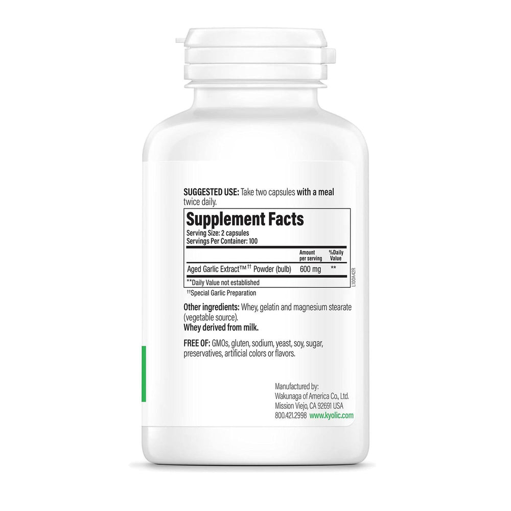 Kyolic Aged Garlic Extract Formula 100 capsules closeup showing odorless organic garlic