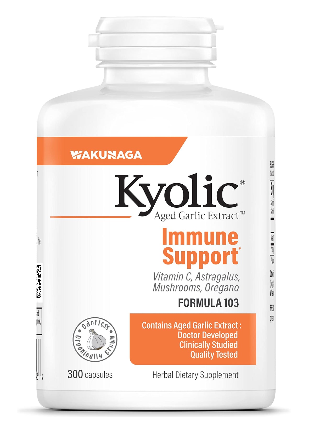 Kyolic Formula 103 bottle front with odorless aged garlic extract for immune support