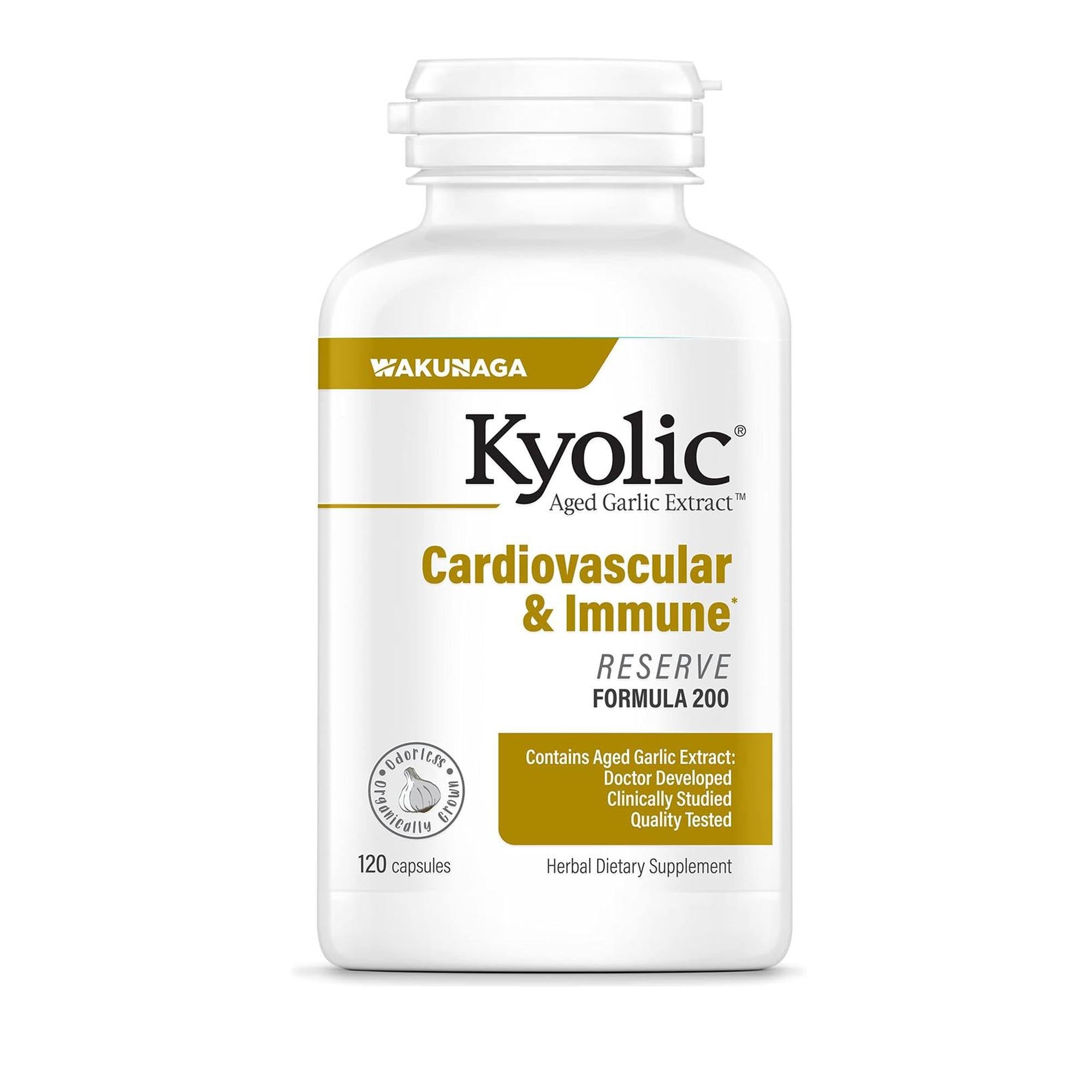 Kyolic Aged Garlic Extract Formula 200 bottle front for cardiovascular and immune support.