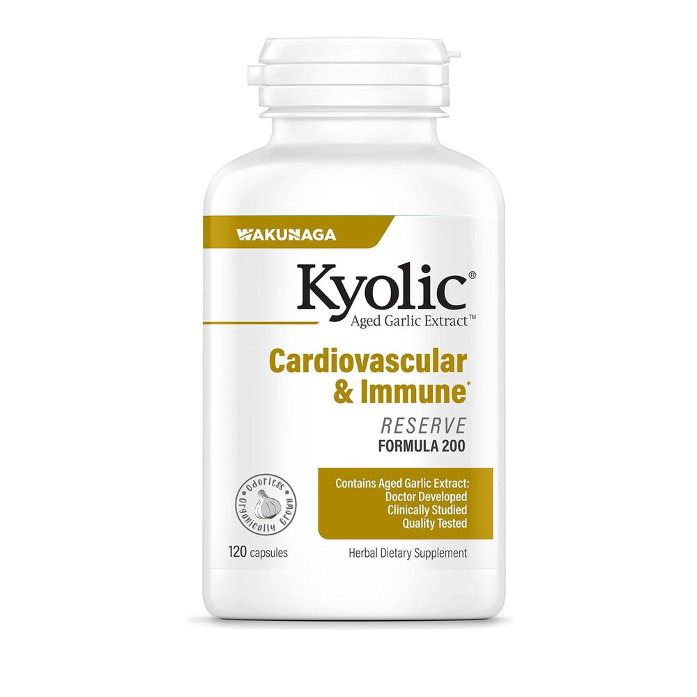 Kyolic Aged Garlic Extract Formula 200 bottle front for cardiovascular and immune support.