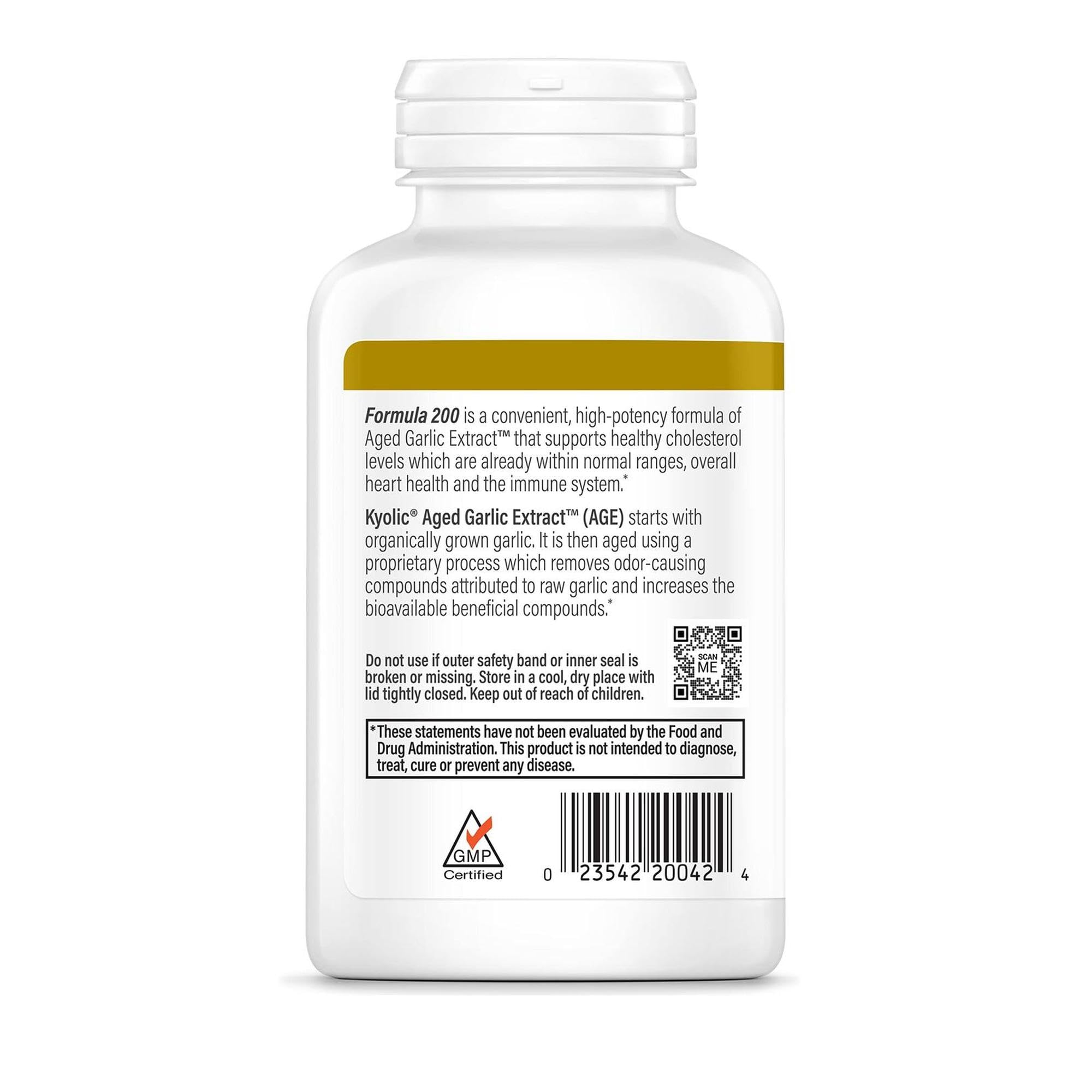 Close-up of Kyolic Aged Garlic Extract Formula 200 capsules for easy daily dosing.