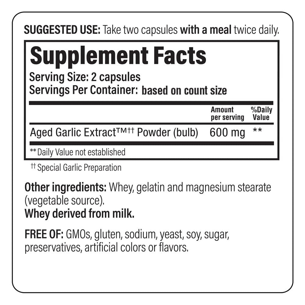 Kyolic aged garlic extract label detail from organic source