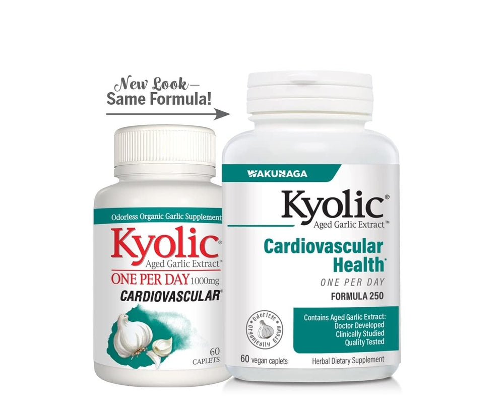 Kyolic cardiovascular formula packaging demonstrates one-per-day simplicity.