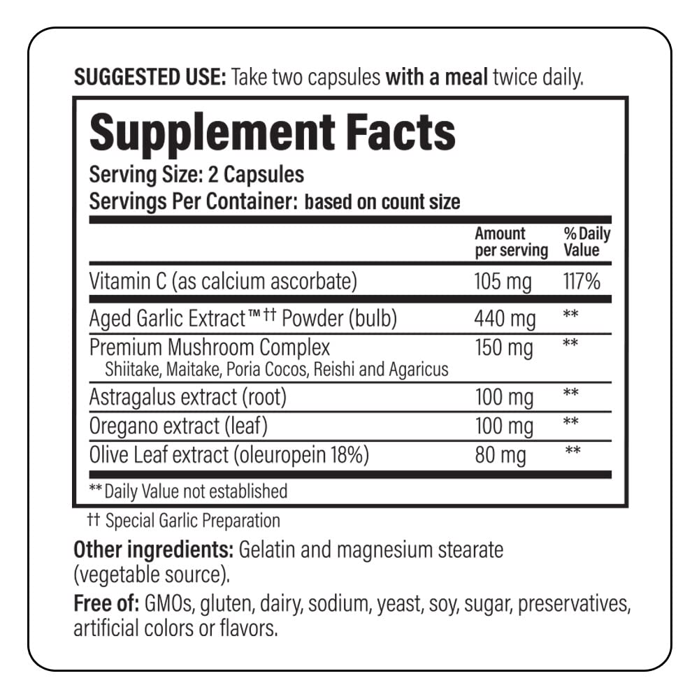 Kyolic Formula 103 label highlighting free-from GMOs gluten dairy and soy