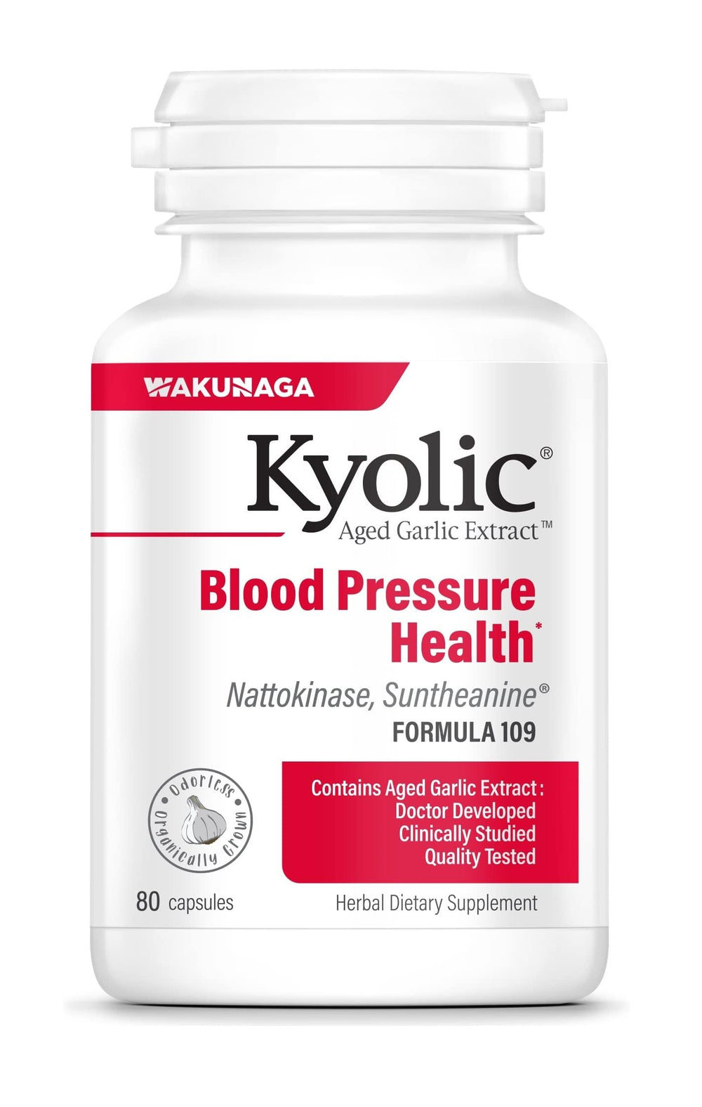 Kyolic Formula 109 bottle shows odorless capsules for daily blood pressure support