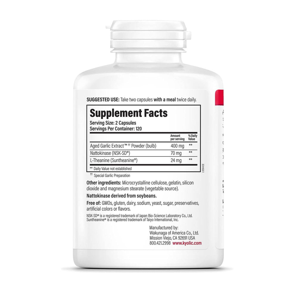 Kyolic Formula 109 ingredients label view highlighting Nattokinase and Suntheanine benefits