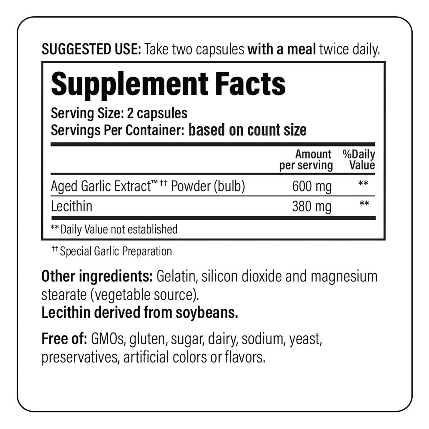 Kyolic lecithin and aged garlic extract on label showing heart support blend
