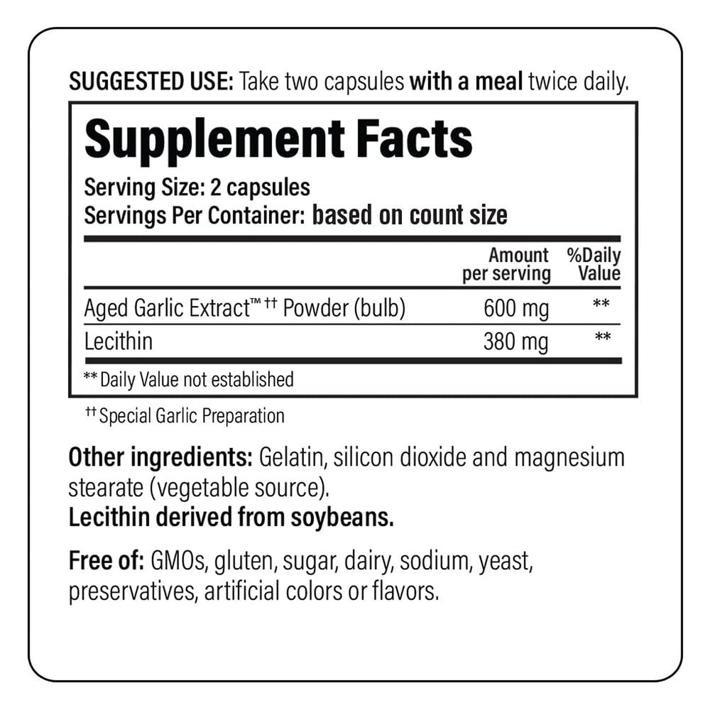 Kyolic lecithin and aged garlic extract on label showing heart support blend