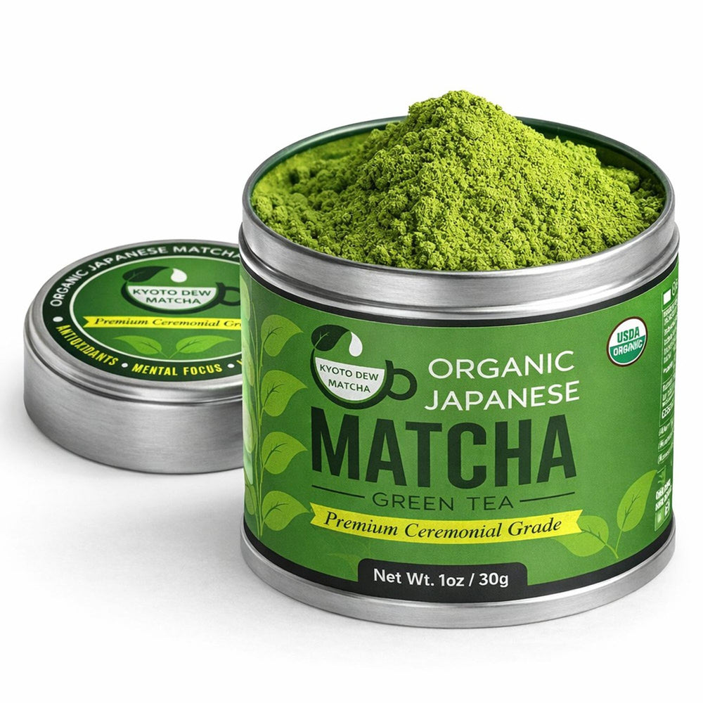 Kyoto Dew Matcha ceremonial tin front, inviting daily ritual in vibrant green powder.