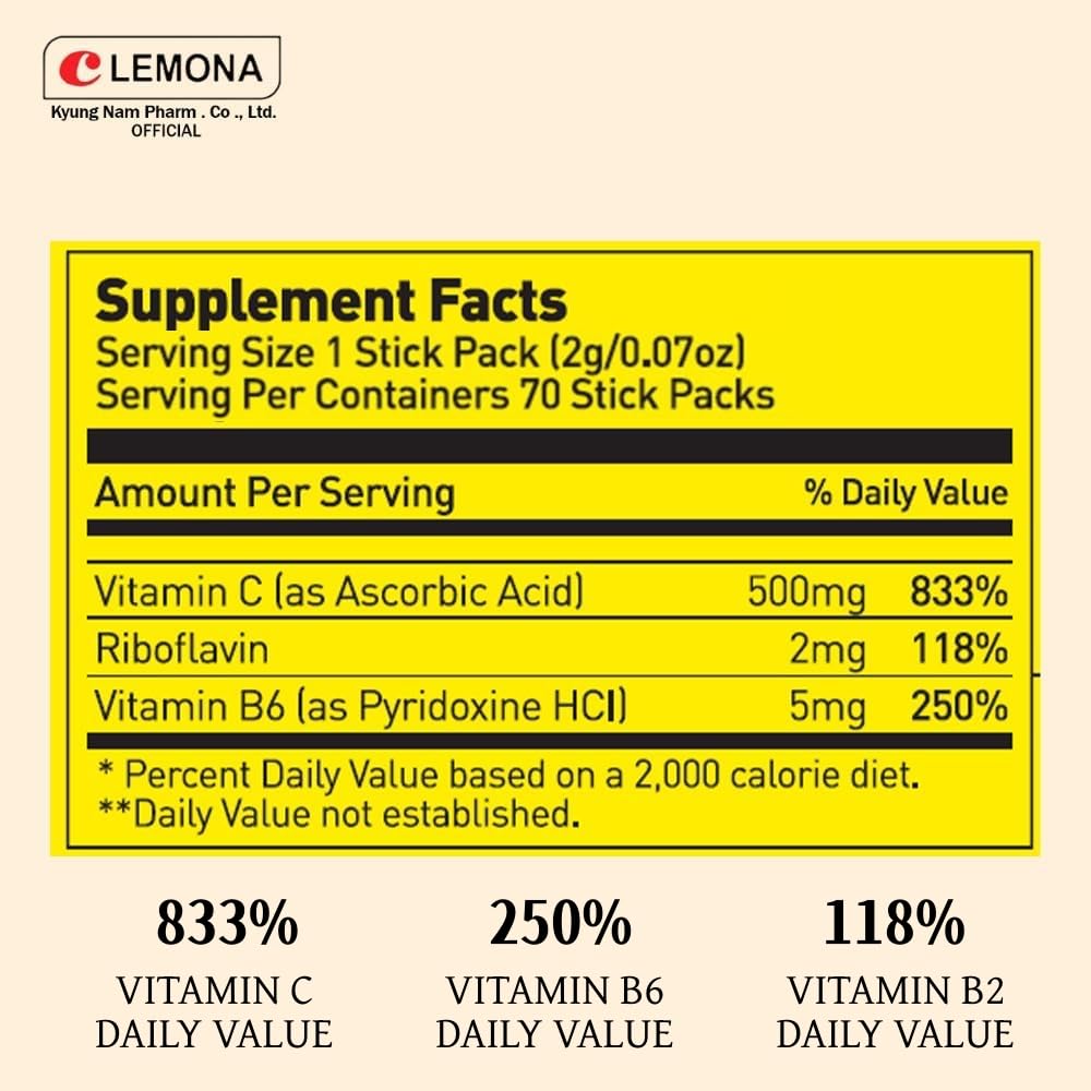 LEMONA tear-and-pour stick shown for quick daily vitamin C intake.