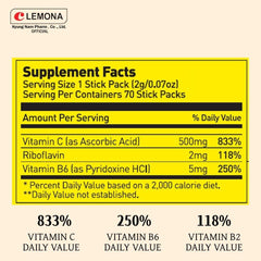 LEMONA tear-and-pour stick shown for quick daily vitamin C intake.