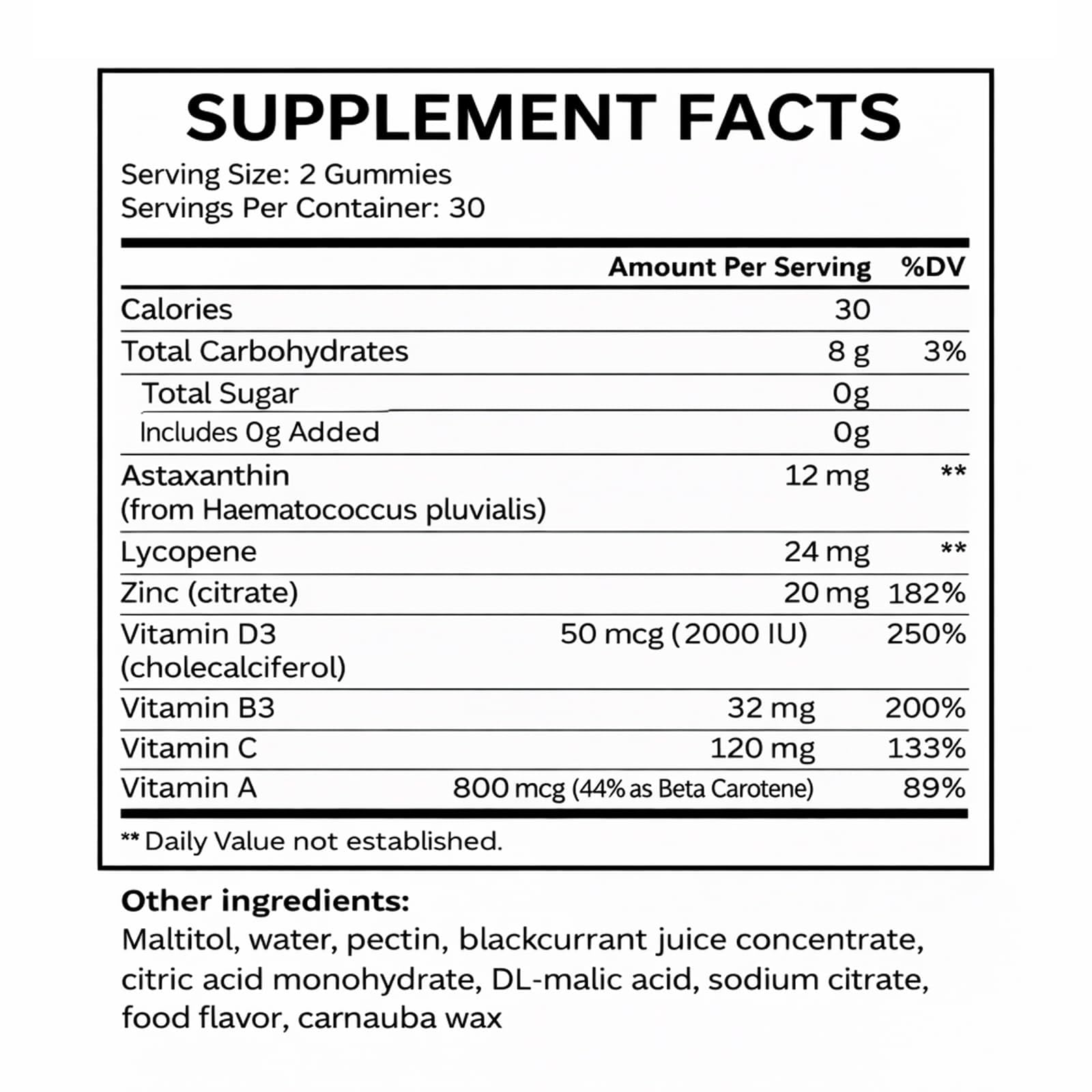 KYZTMHC Savanna Skin Gummies ingredients panel showing carotenoids and antioxidants for nourishing daily routines.