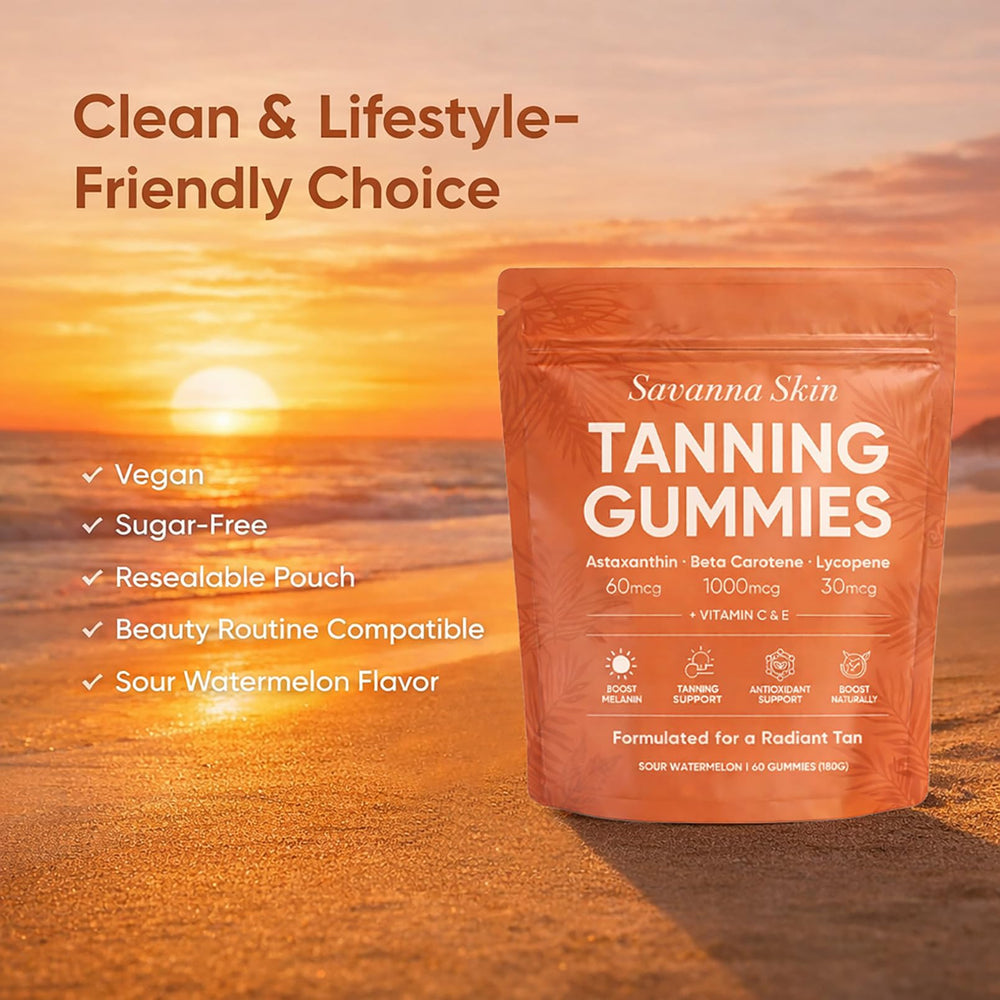 KYZTMHC Savanna Skin Gummies on-the-go pouch shown beside essentials, ideal for a quick daily beauty routine.