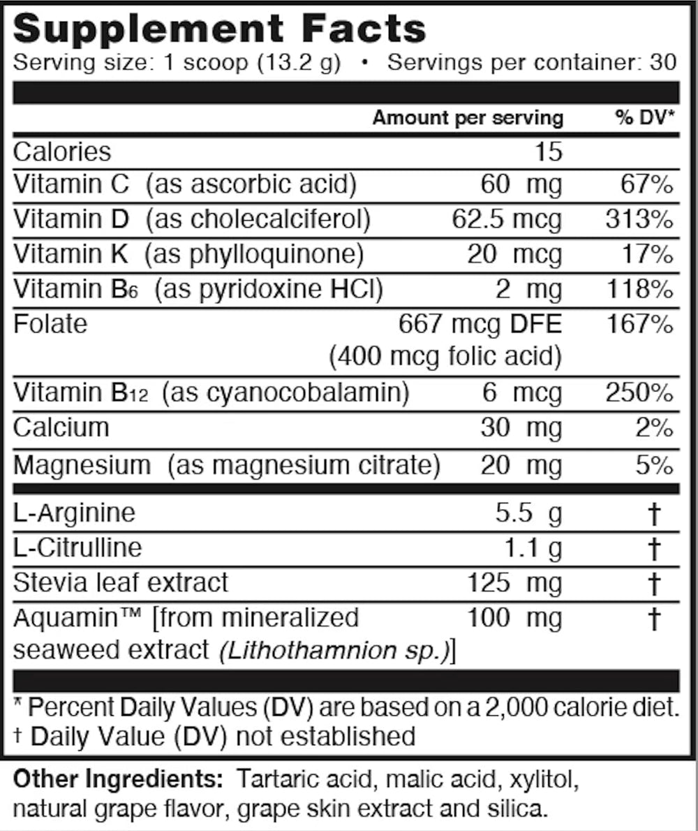 L-Arginine PRO grapeberry tub label highlights the high-potency formula and vegan ingredients