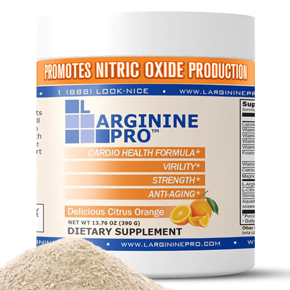 L-Arginine PRO orange powder dissolving in water for a pre-workout mix.