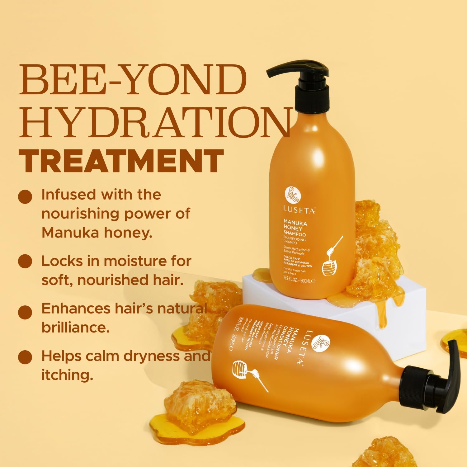 L Luseta Manuka Honey Conditioner bottle, locks in moisture for silky strands