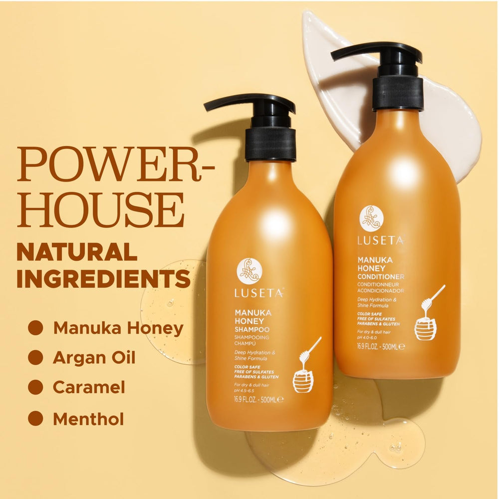L Luseta shampoo packaging close-up with honey-blossom scent