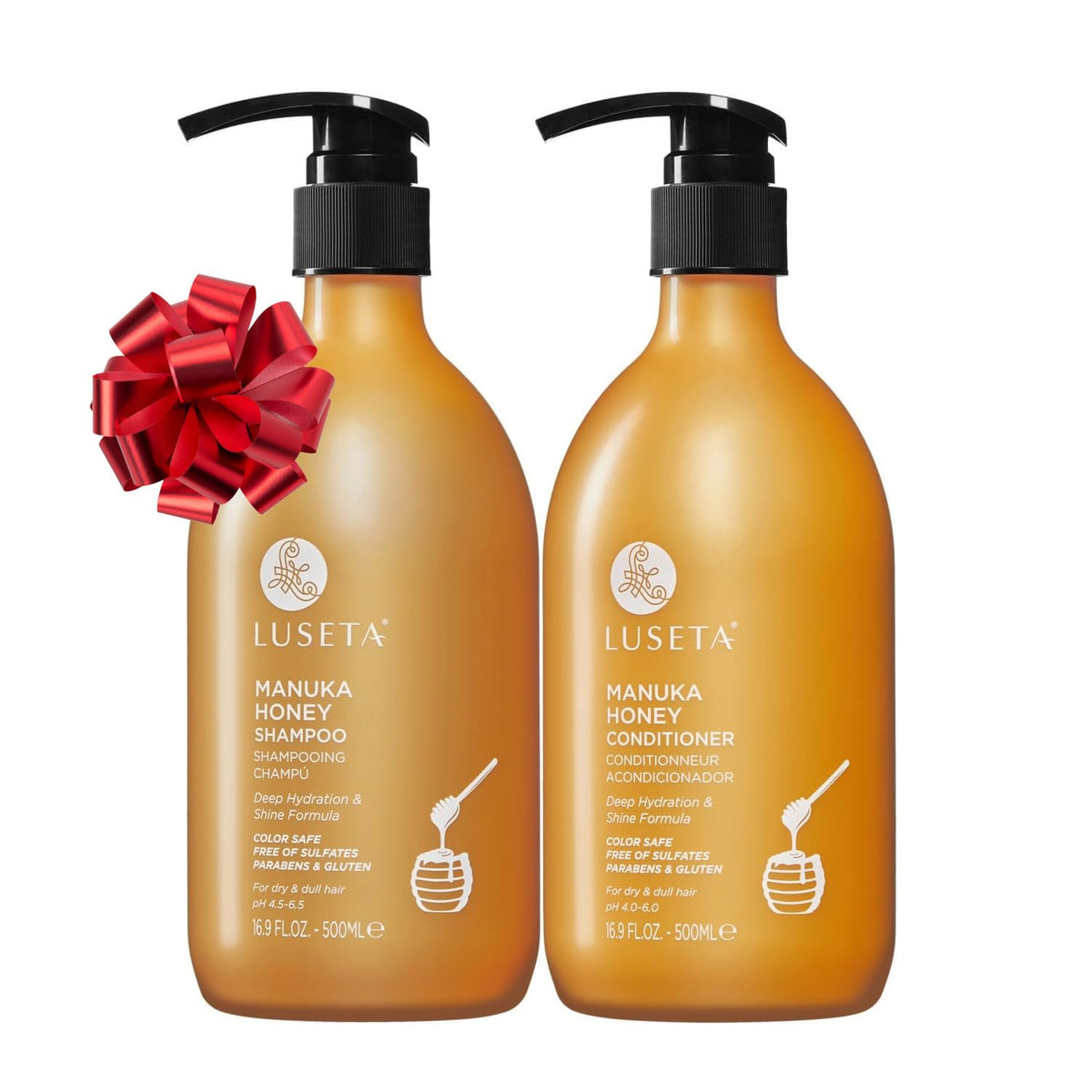 L Luseta Manuka Honey Shampoo bottle, hydrating formula for daily care