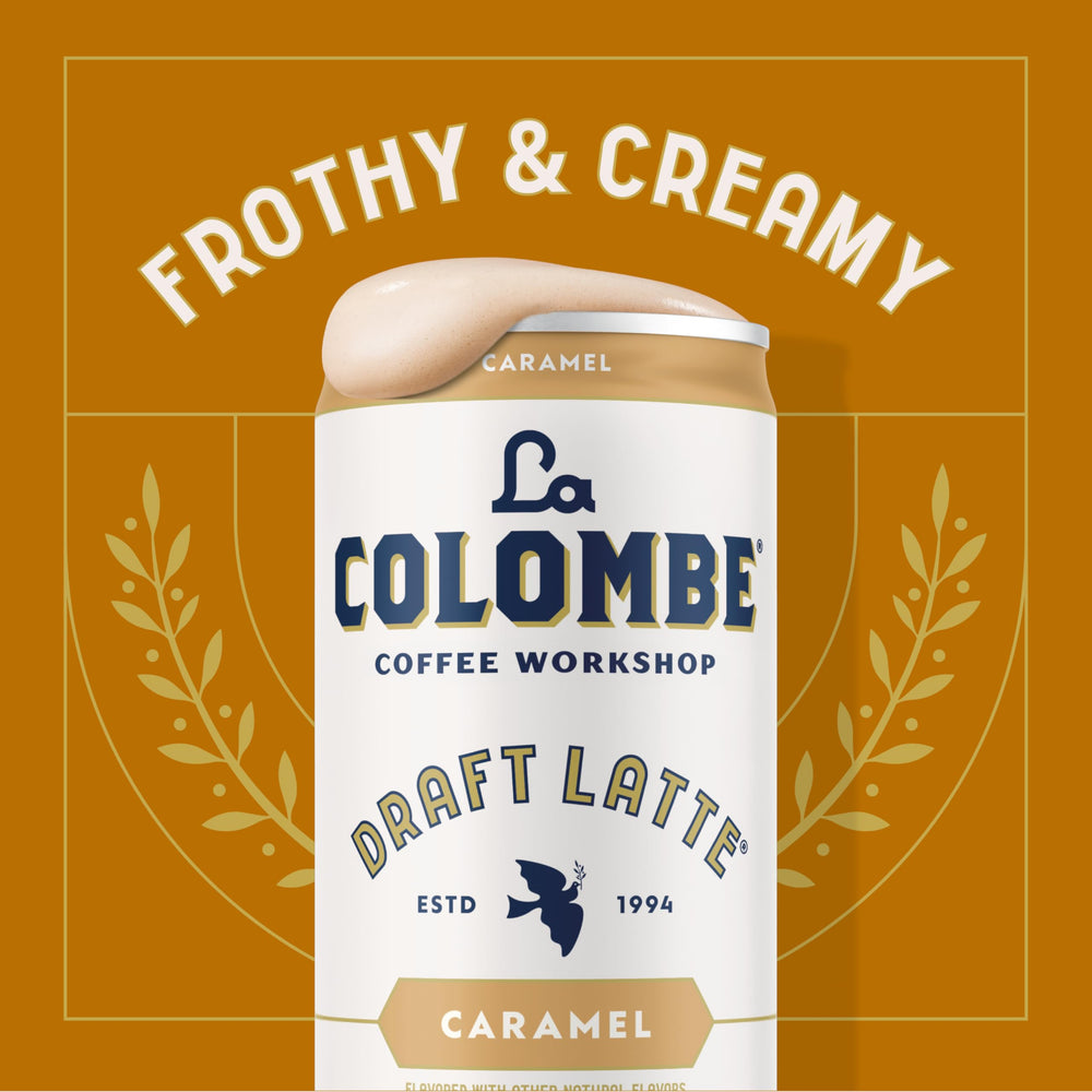 Cold-brew-rich La Colombe Caramel Draft Latte poured over ice for a refreshing sip.