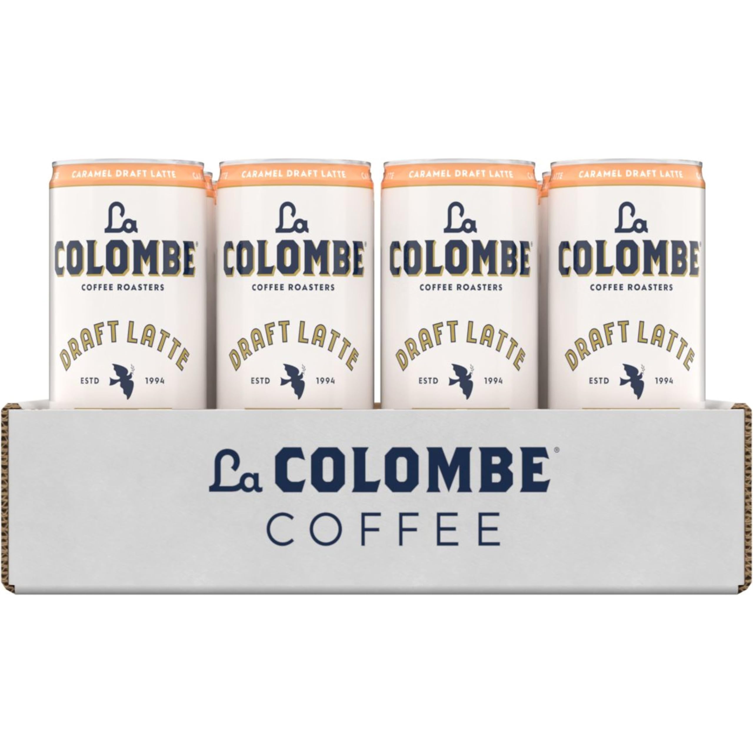 Hand holding La Colombe Caramel Draft Latte can, perfect for on-the-go enjoyment.
