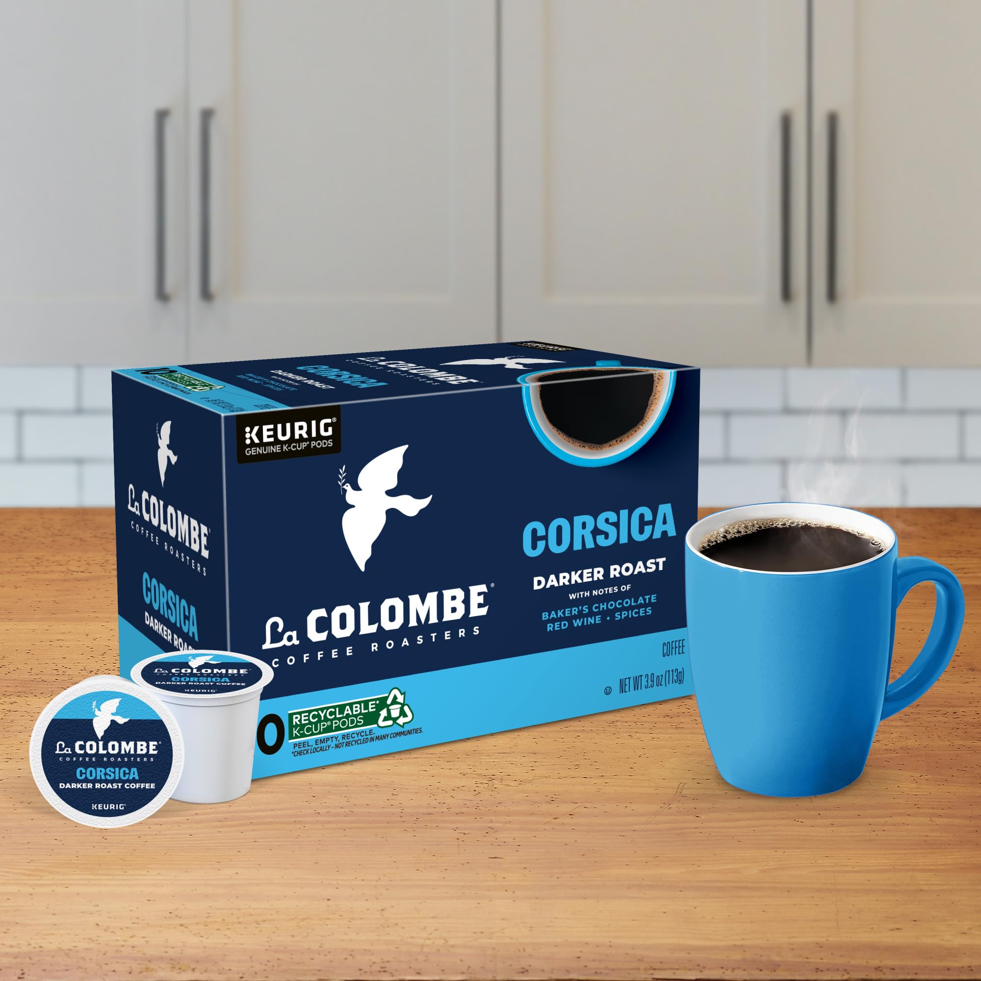 K-Cup pods recyclable with peel-and-recycle guidance for Corsica.