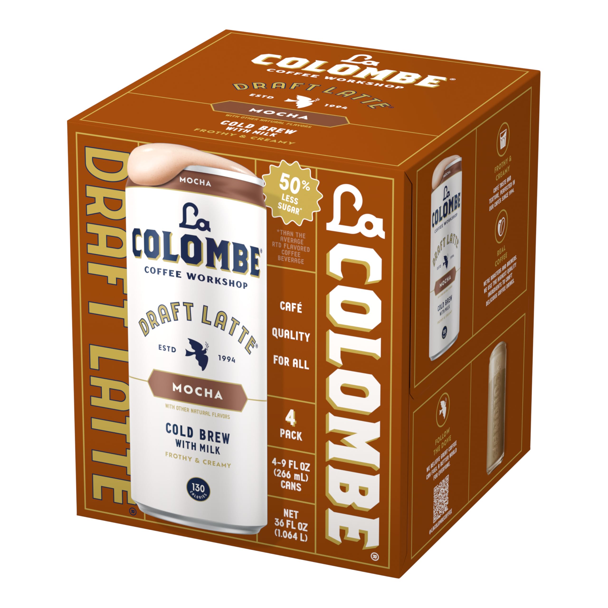La Colombe Latte Draft Mocha café-scene glass beside laptop for work fuel.