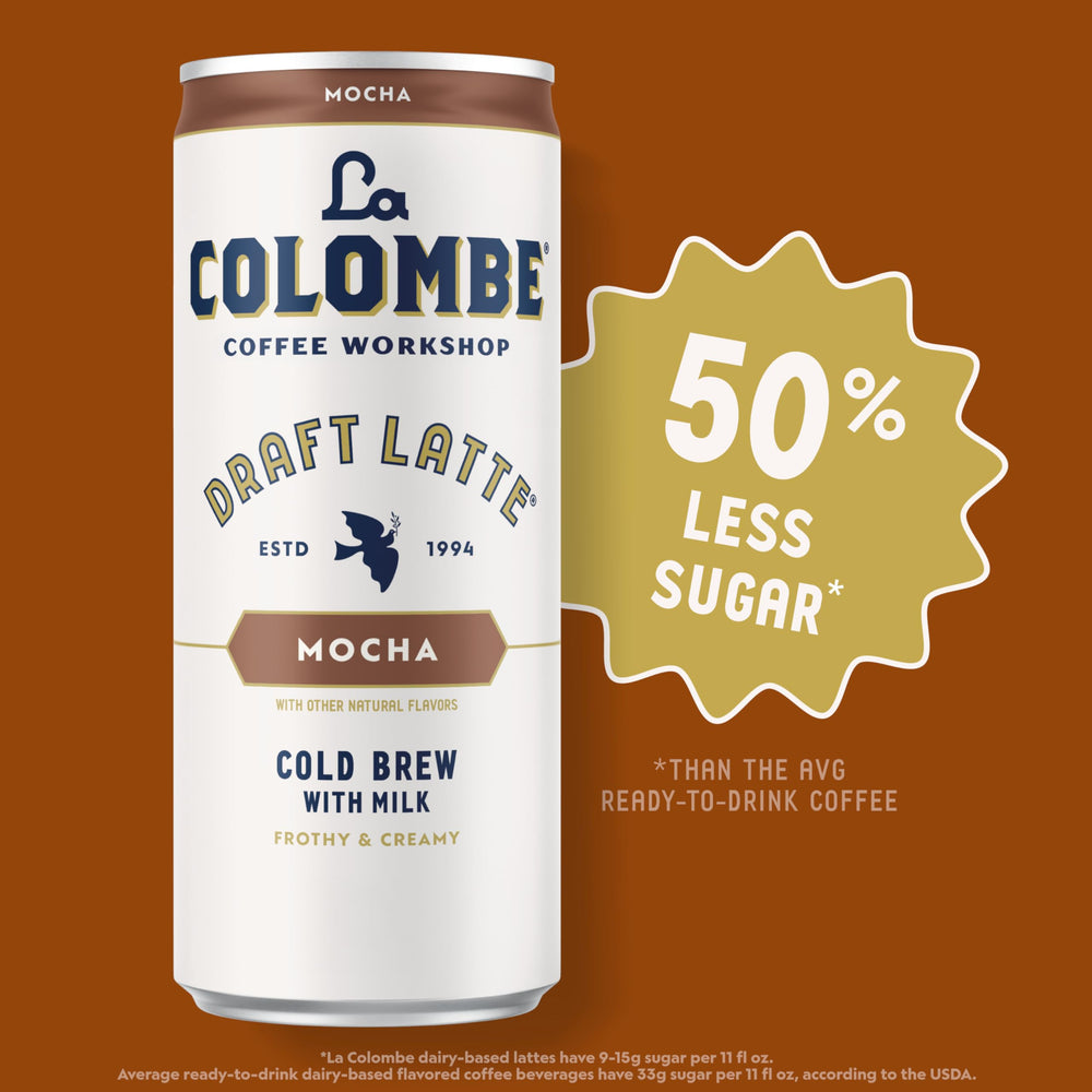 La Colombe Mocha Draft Latte gluten-free, non-GMO, kosher badge on label.