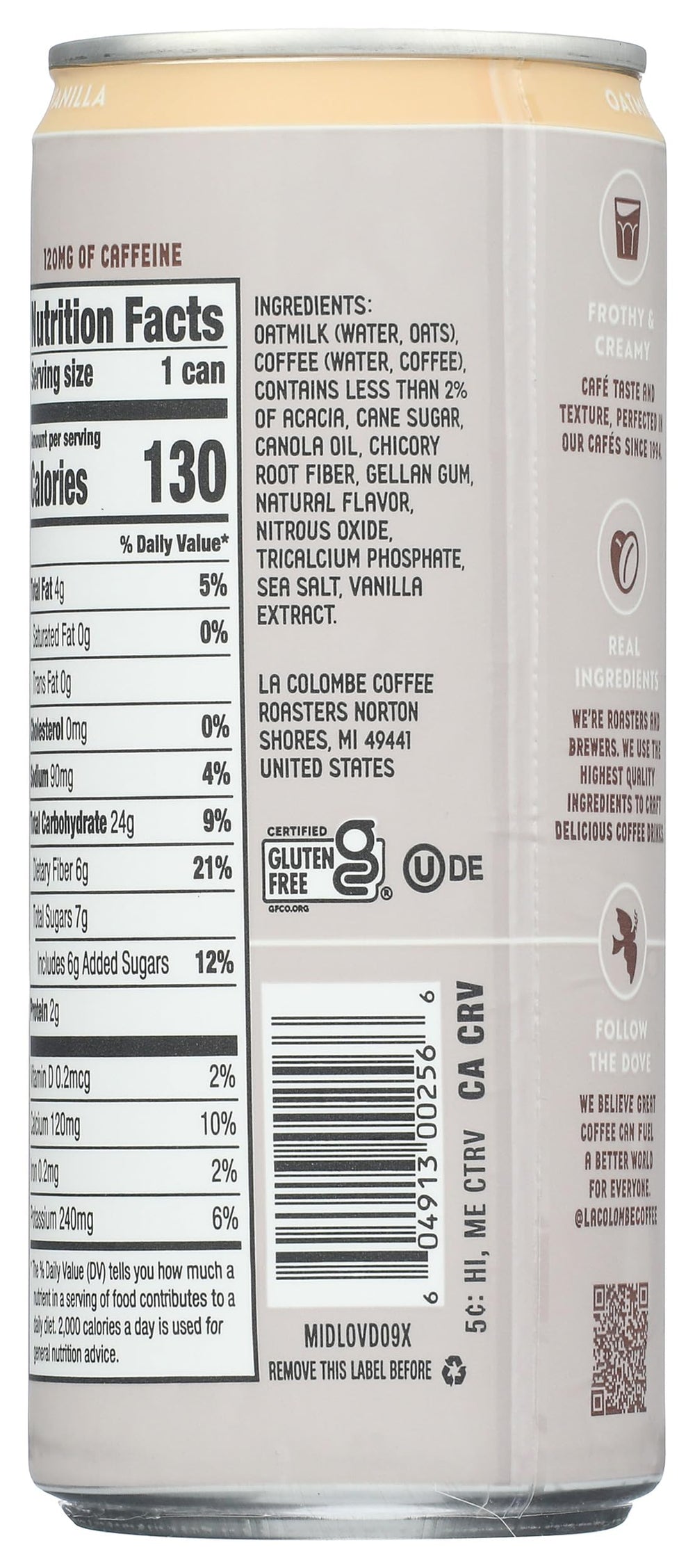 Ingredients label highlights oat milk and real vanilla in La Colombe latte.