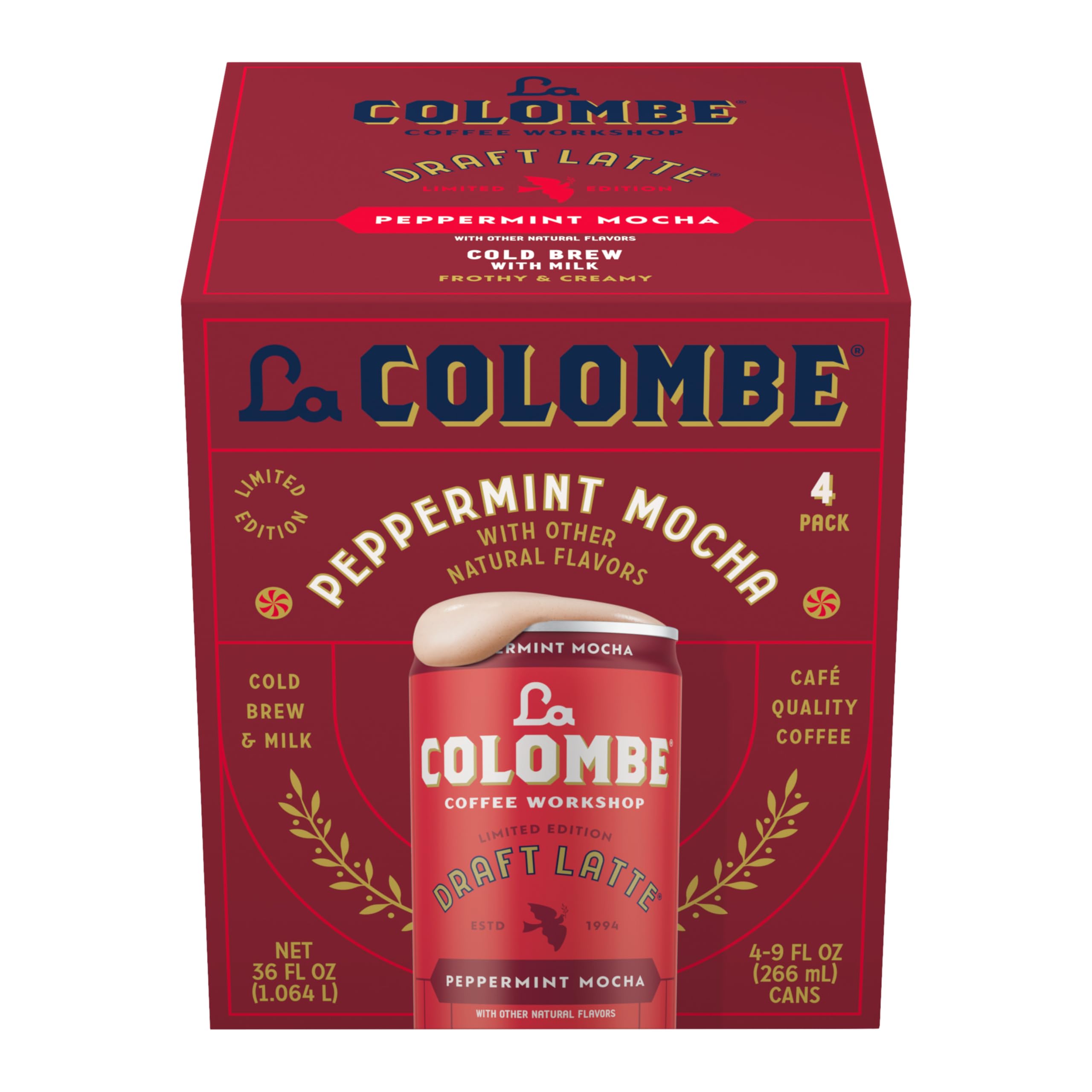 La Colombe Peppermint Mocha Draft Latte can assembly shows ready-to-drink convenience.