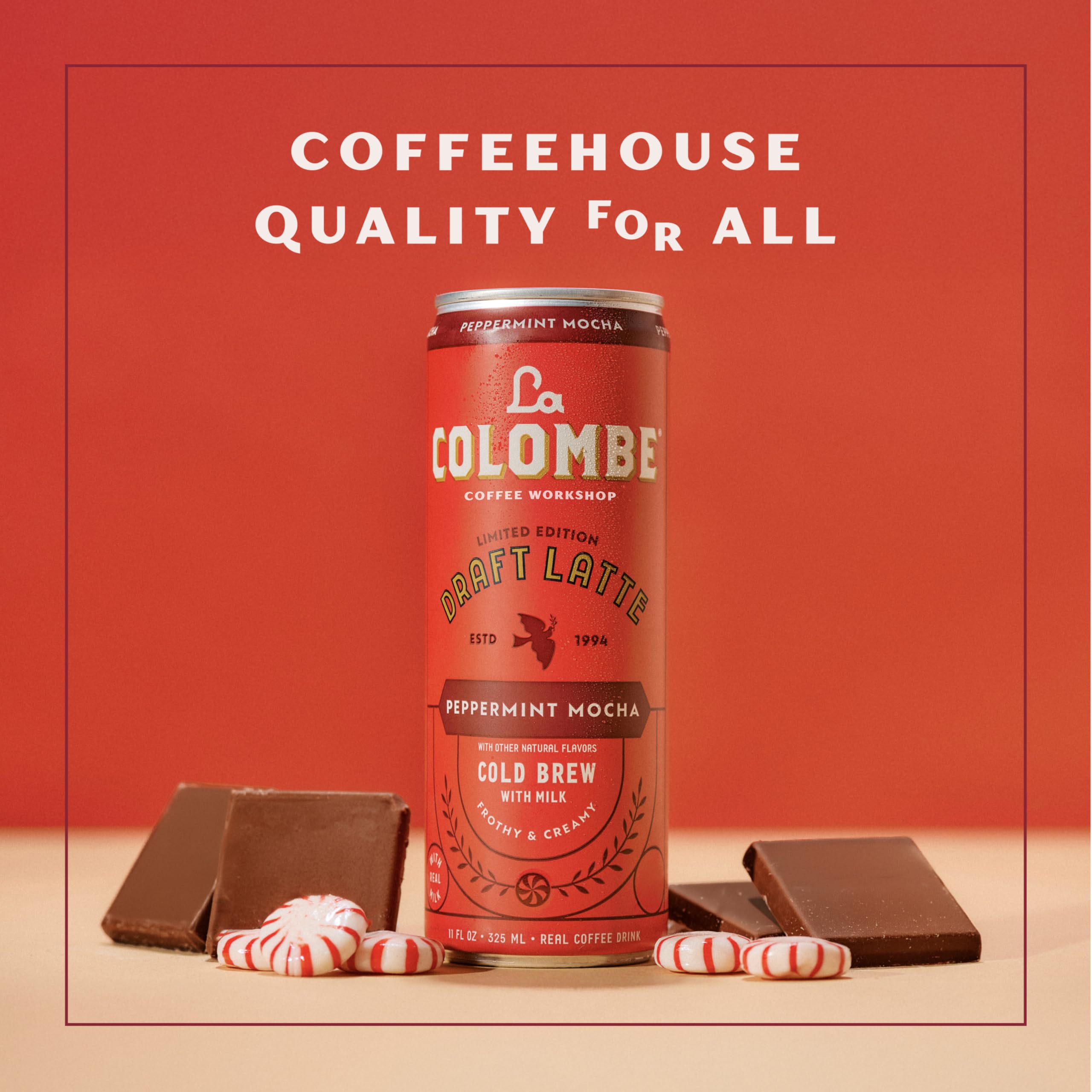 La Colombe Peppermint Mocha Draft Latte dark chocolate detail conveys decadent notes without heavy sugar.