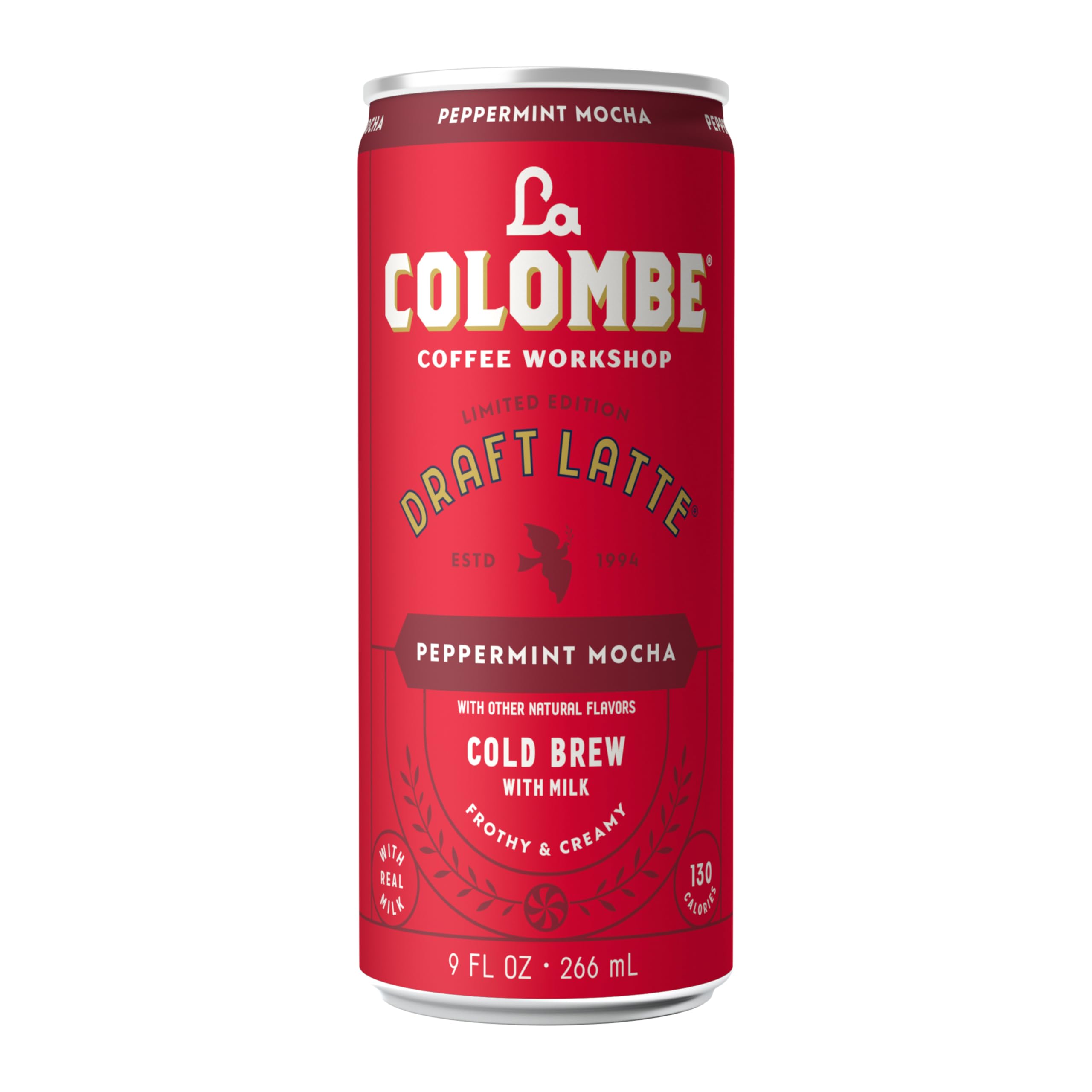 La Colombe Peppermint Mocha Draft Latte frothy-milk closeup captures creamy texture.
