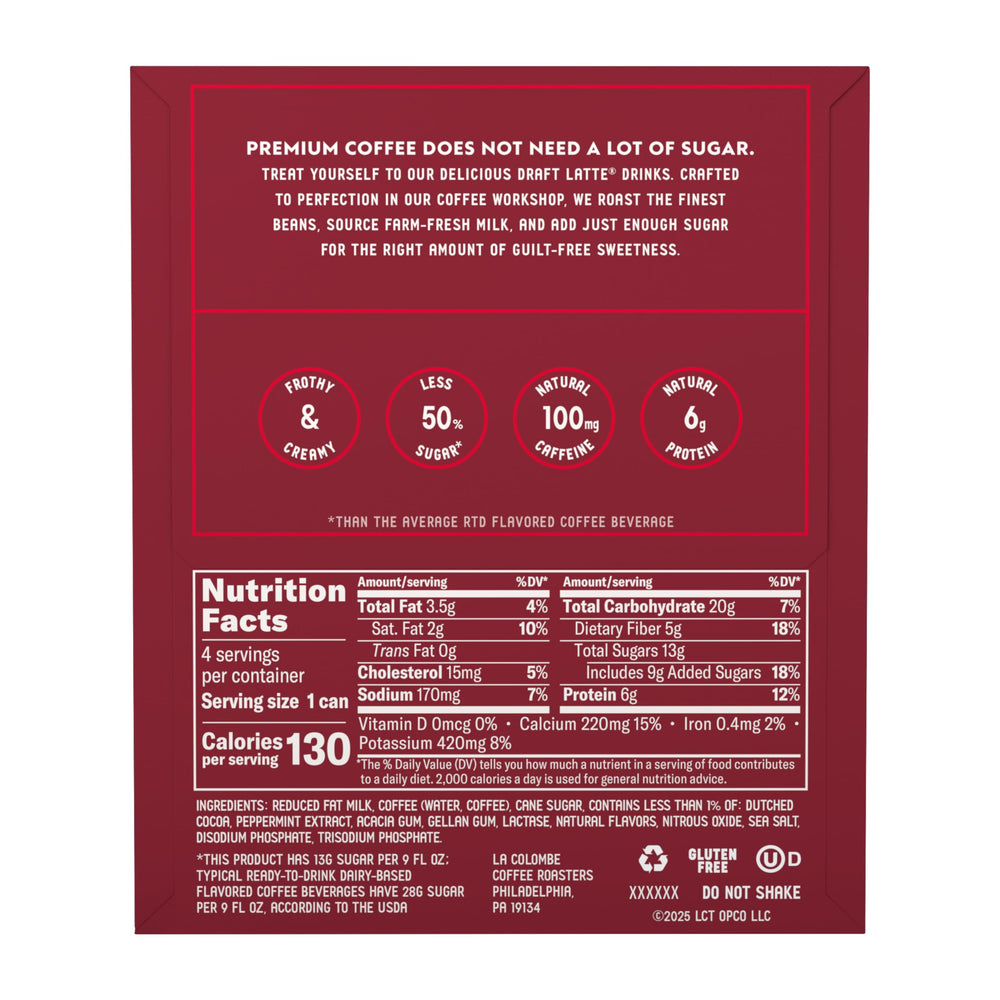 La Colombe Peppermint Mocha Draft Latte glass pouring highlights smooth taste mid-day pick-me-up.