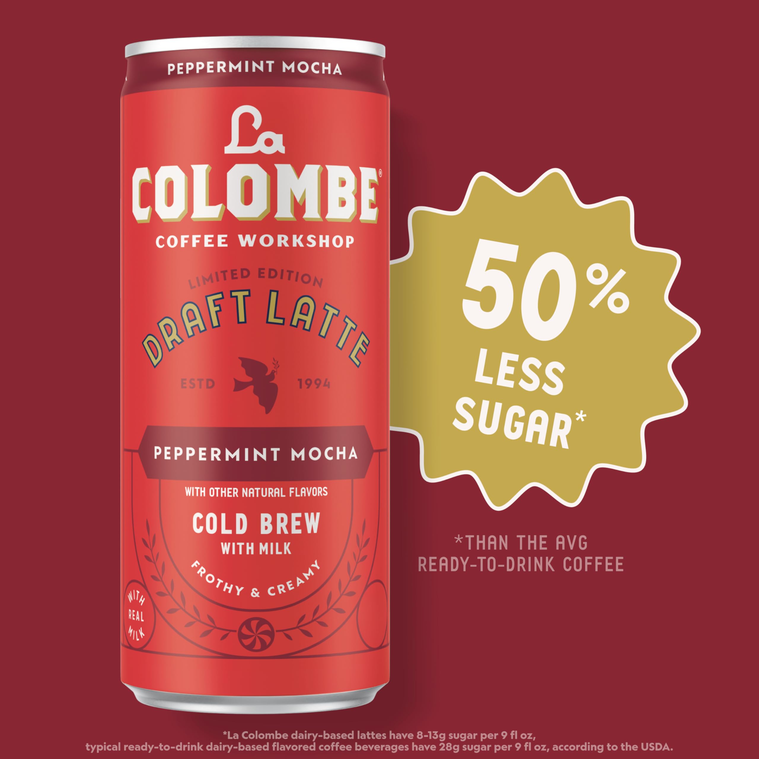 La Colombe Peppermint Mocha Draft Latte nutrition info highlights protein and lactose-free ingredients.